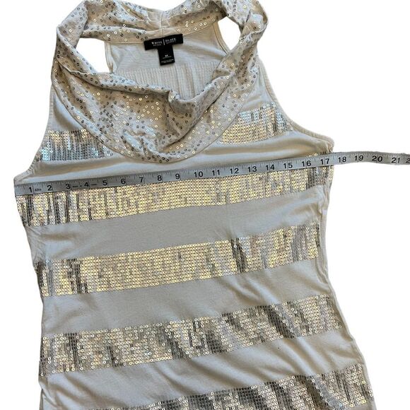 WHITE HOUSE BLACK MARKET Cream Silver Sequin Cowl Neck Sleeveless Top M - Picture 6 of 9